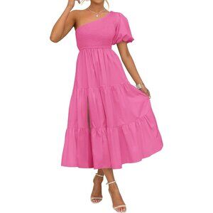 Women's 2024 Boho Summer One Shoulder Short Sleeve Smocked Side Split Ruffle